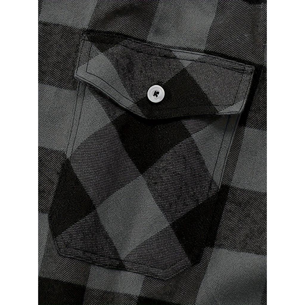 Męska codzienna i modna flanelowa koszula w kratę z długim rękawem, klapami i zapinana na guziki