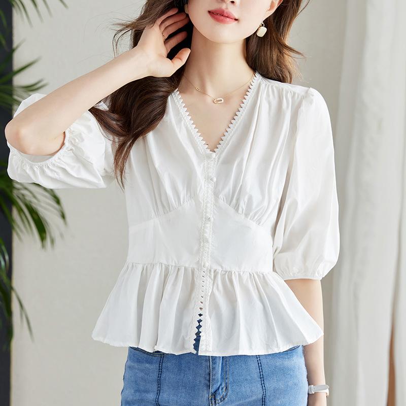 Blue V-neck Shirt for Women Short-sleeved Summer New Short-sleeved Top Design Shirt