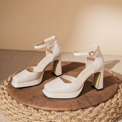 Y Waterproof Table Thick Heel Mary Jane Hollow One-word Buckle French High Heels Wedding Shoes Wedding Banquet Dress 100