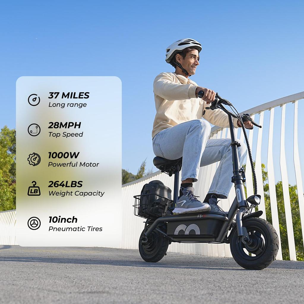 iScooter F3 Electric Scooter 48V 13Ah Battery, 1000W Motor, 50-60KM Range, 10 Inch Pneumatic Tires Foldable Scooter with Seat and Basket