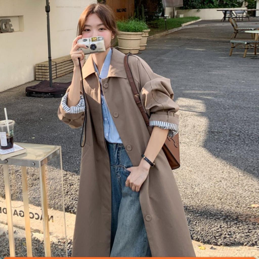 Dark Khaki Single-breasted Windbreaker Women's Mid-length Spring and Autumn New Temperament Loose Design Coat Jacket
