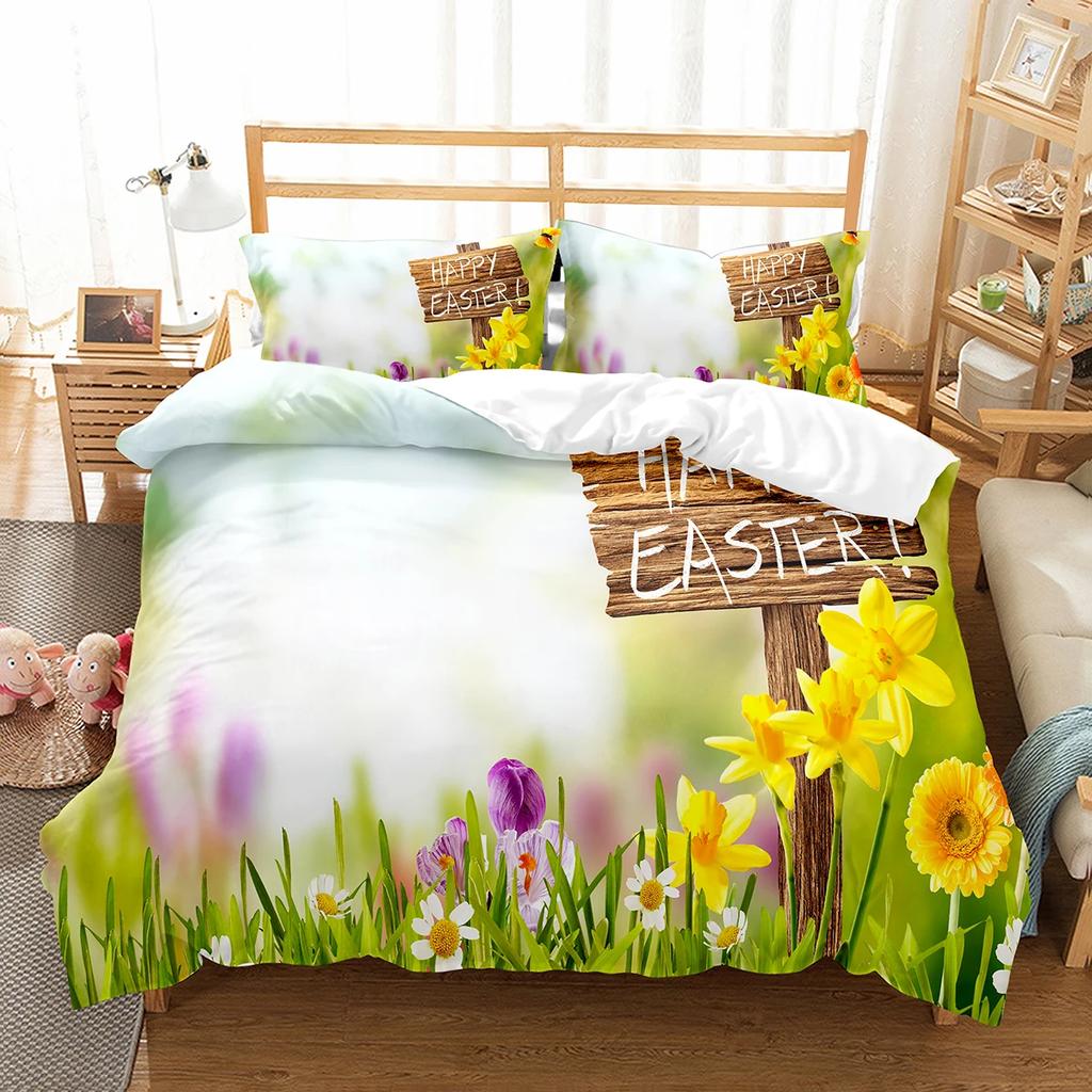 Happy Easter Duvet Eggs Rabbit Pattern Polyester Comforter Cover Festival Gifts for Kids Boys Girls Bedding Set with Pillowcase