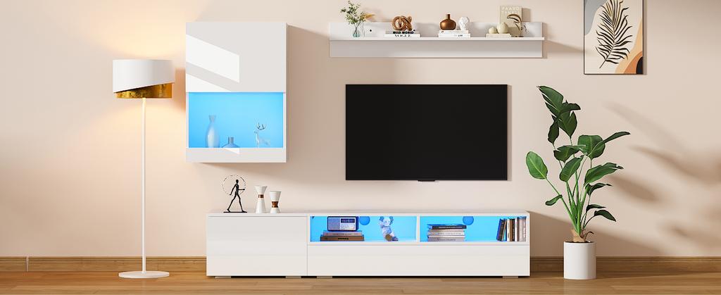 175*39*34cm TV Wall Unit with Display Cabinet (3-Piece Set), TV Board, Standing Shelf and Wall Shelf, LED and High Gloss, TV up to 80', White