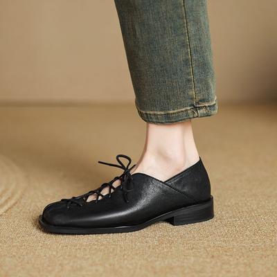 Fashion NEW Spring/Autumn Women Pumps Square Toe Low Heel Shoes Genuine Leather Shoes for Women Black Cross-tied Lace-up Women Loafers