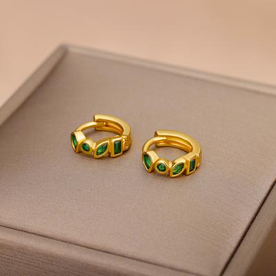 Cute Minimalist Zircon Green Hoop Earrings For Women Stainless Steel Small Circle Ear Button Earrings  Jewelry