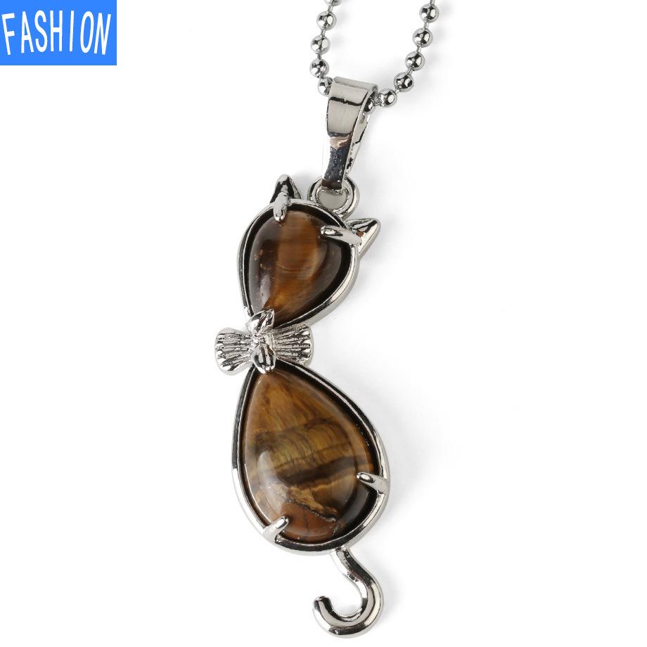 European And American Personality Amethyst Necklace Animal Cat Abstract Inlaid Natural Stone Pendant