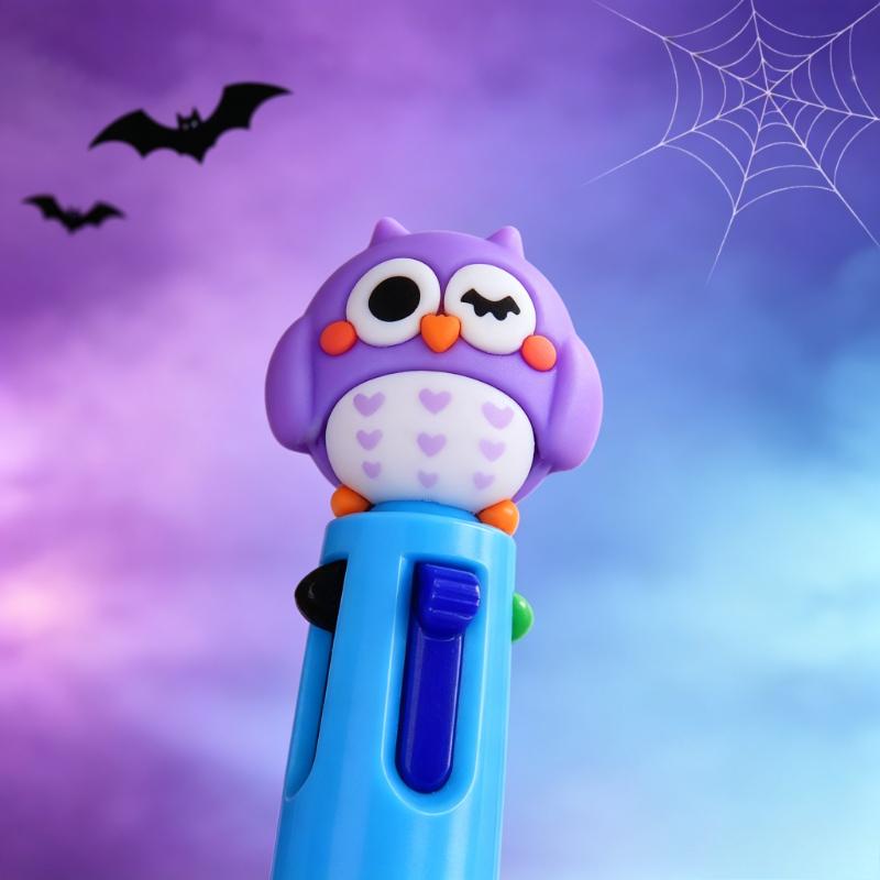 23 Pcs Halloween Four-Color Retractable Ballpoint Pens,  3D Cute Halloween Owl Topper, Cartoon Student Stationery, Halloween Gifts