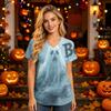 Women V Neck Short Sleeve Top with Pockets Halloween Theme Printed Scrub Shirt for Healthcare Professionals