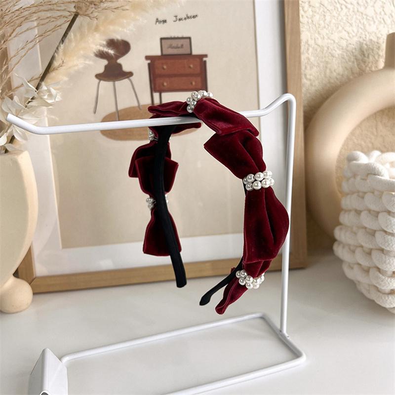 Vintage French Red Velvet Pearl Bow Headband Hair Band For Womans Girl Sweet Temperament Hair Hoop New Year's Headband Headdress
