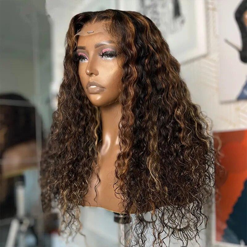 Loose Curly Synthetic Lace Front Wig 180% Density  Gold Mix Dark Brown Heat Resistant Fiber Pre Plucked For Women