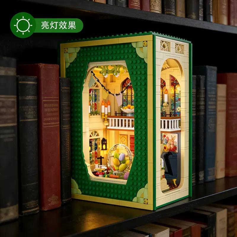 1112Pcs Bunny Easter Egg Church Building Blocks Book Nook Model With Lights, Openable Bookend Moc Kid'S Toys Easter Gift Rabbit