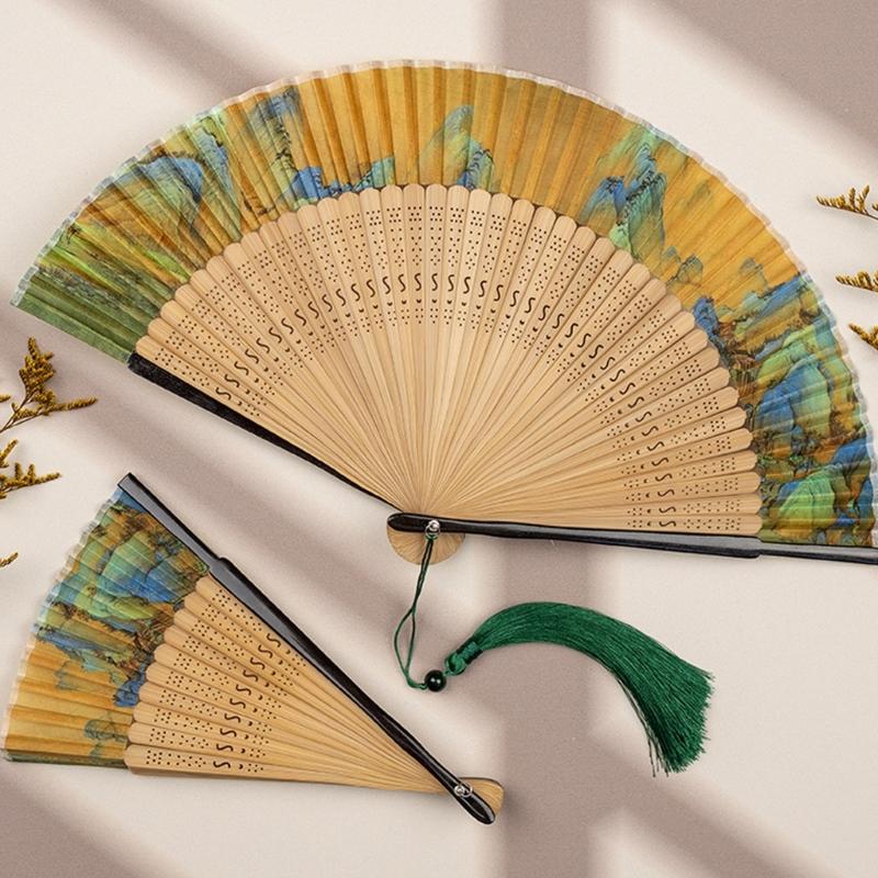 Landscape Handheld Folding Fan Hand Held Fabric Bamboos Fan Hollowed Hand Foldable Fan for Dancing Wedding Decorations