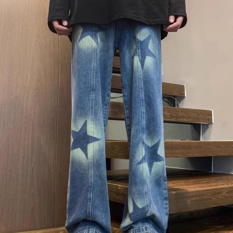 Unisexové korejské džíny ve stylu street-style s tmavou hvězdou a elastickým pasem - Trendy, volného střihu, s rovnými nohavicemi na jaro a podzim