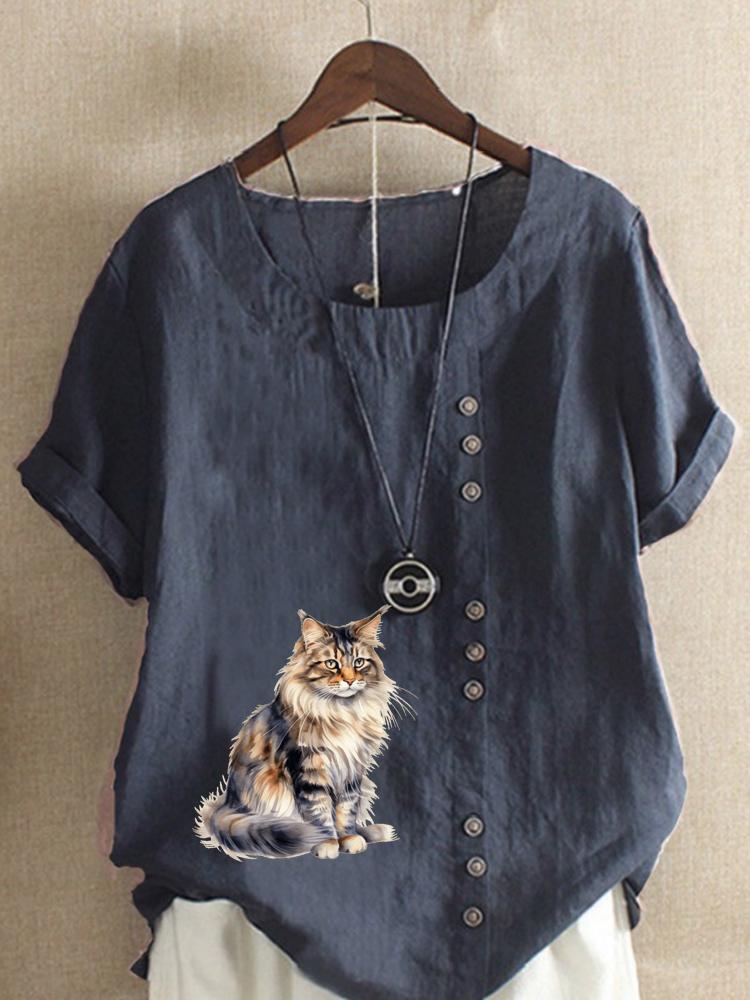 Women's Fashion Cat Print Round Neck Short Sleeve T-shirt Summer Casual Cotton Linen Graphic Shirt Leisure Loose Blouse Tops
