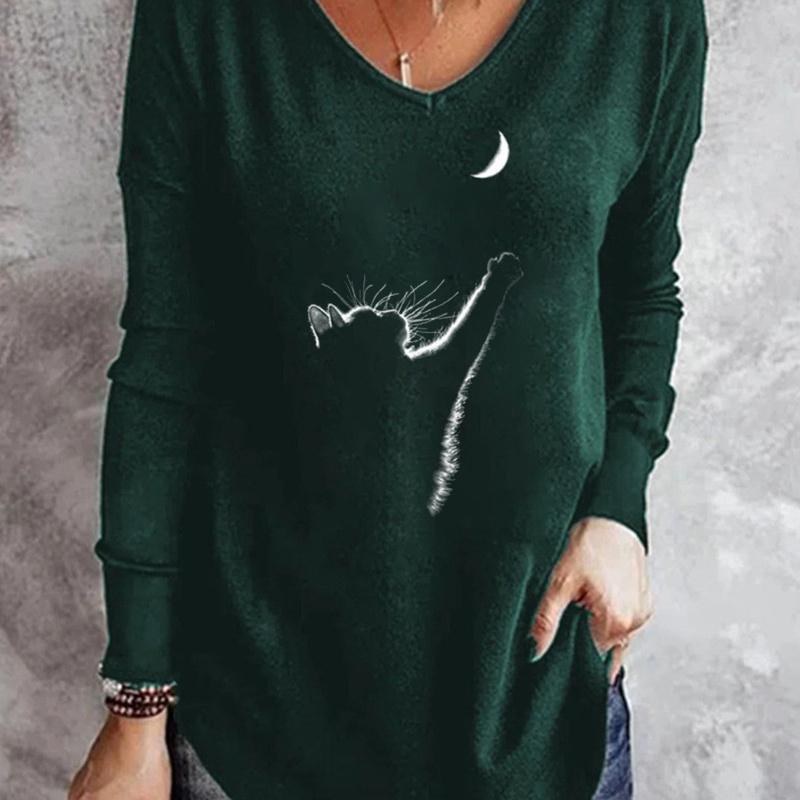 

Футболка с принтом кота больших размеров, винтажные футболки с 3D рисунком, свободный топ с длинными рукавами, женские осенние футболки с v-образным вырезом 5XL