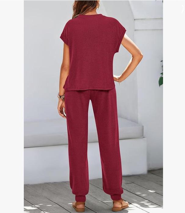 2026 Sommer Damen Zweiteiliges Gestreiftes Jogging-Set: Kurzarm-Oberteil & Lange Hose