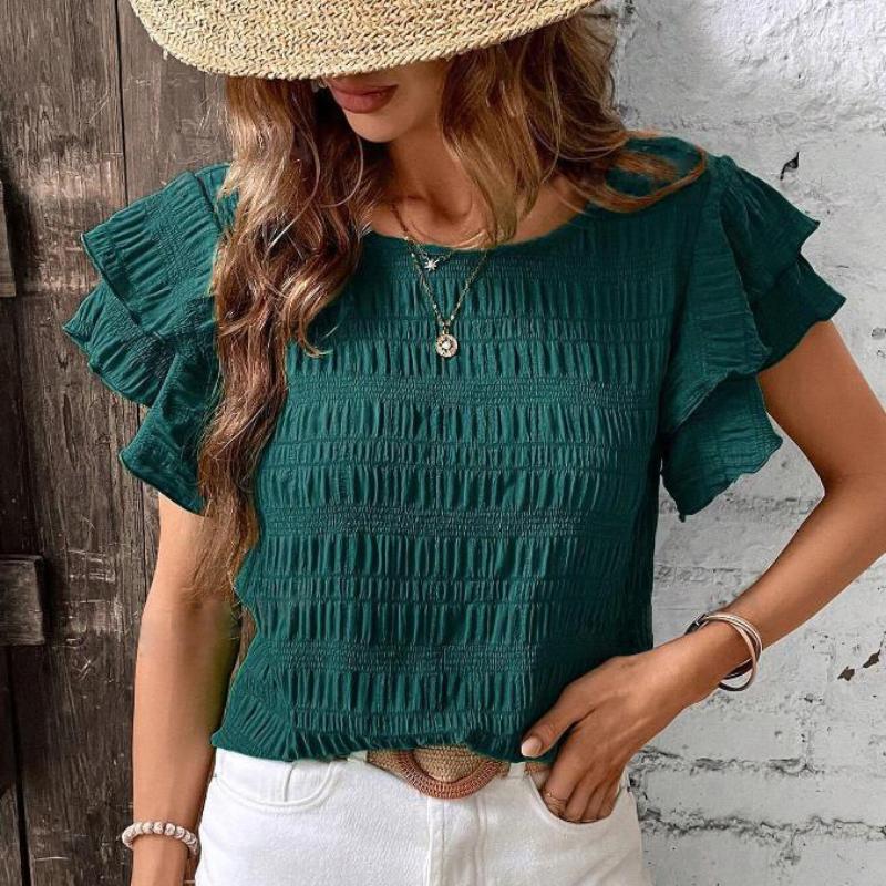 Letní Nové Tričko s Kulatým Výstřihem a Volánovými Rukávy Casual Top pro Ženy Módní Elegantní Vintage Plisované Dámské Volné Halenky Dovolená Slim Dámská Košile 26487