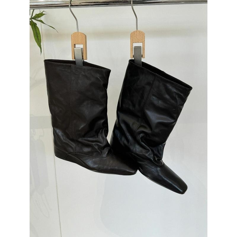 Cowhide~ Autumn and Winter New Inner Height Increase 5cm Boots Square Head Loose Sleeve Medium Boots Women's Short Boots Fashion Knight Boots