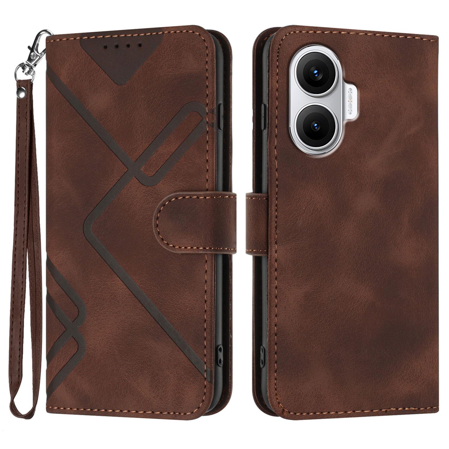 

For Xiaomi Redmi Turbo 4 Pro 5G/Xiaomi Poco F7 5G Wallet Case Line Imprinted PU Leather Phone Cover with Strap Brown