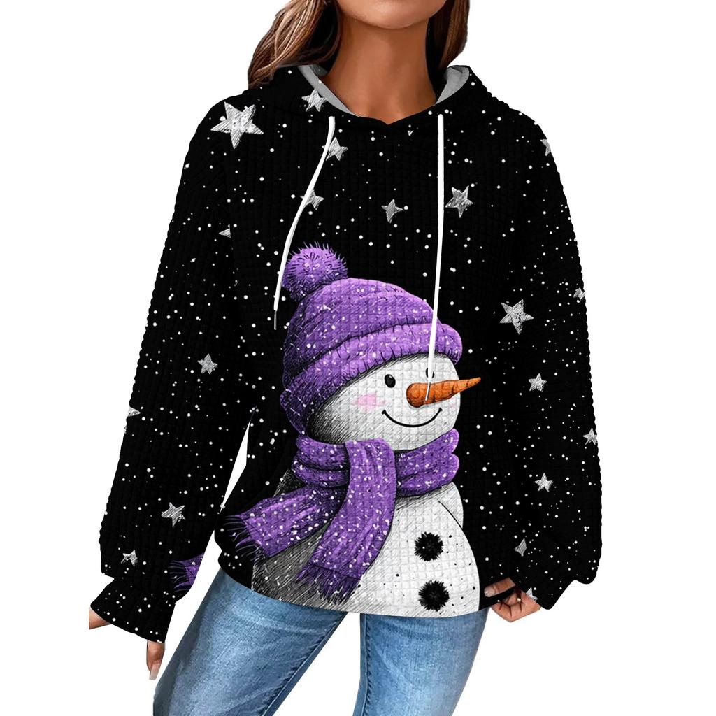 Mote løs hettegenser for kvinner, langermet genser med snøring, drop shoulder, lomme, topp med juleprint