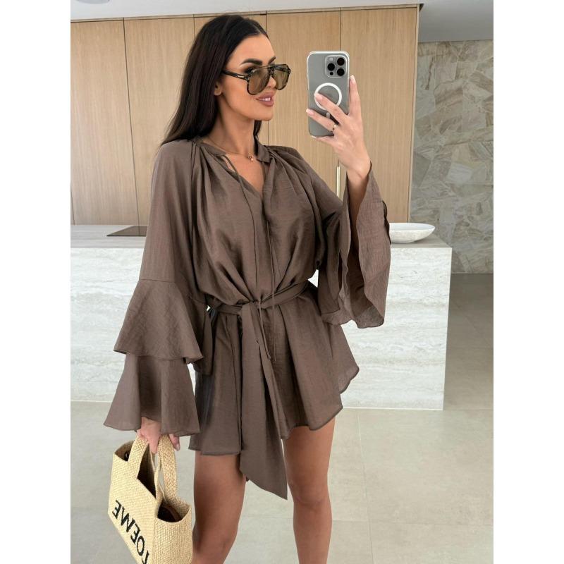 Kadın Modası Yaz İlkbahar Düz Renk Baskı Uzun Kollu V Yaka Günlük Elbiseler