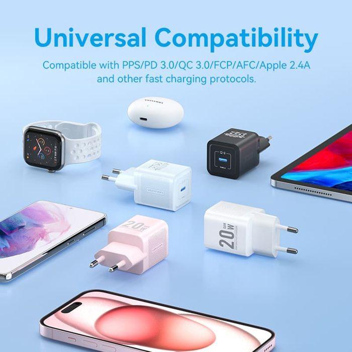 Chargeur pour prise UE, GaN, 20W, Type-C, Smart Charging - Vention (FEPWW0-EU) - Blanc