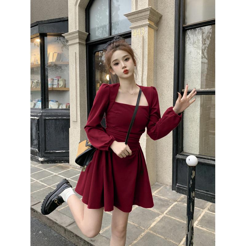 Micro square neck long sleeve dress spring and autumn large size women's clothing retro waist thin a word short skirt