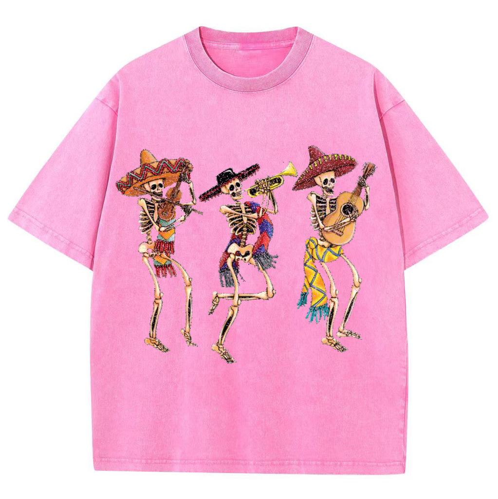 Musik Totenkopf Print Günstig Damen Waschen T-Shirt Locker Übergroß Paar Kurzarm Street Hip Hop Oberteil Teen T-Shirts