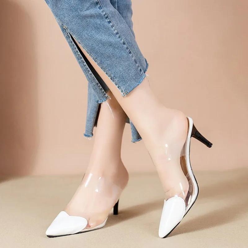 New Pointed Transparent Sexy Summer Slippers for Women 2024 Fashion Slim Heels Versatile Fashion Shoes for Women's
