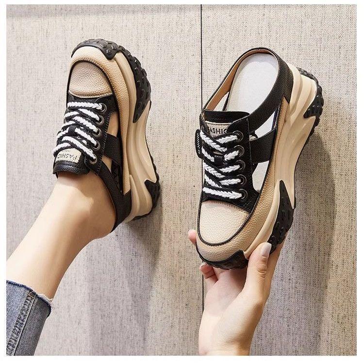 Baotou mezze pantofole tacco scavato senza tacco scarpe pigre aumento altezza interna pantofole fresche suola esterna spessa pelle morbida traspiranti scarpe da donna a