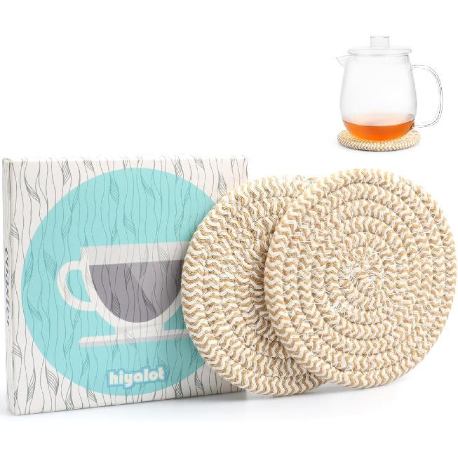 4.8" Sakura Pink Cotton Coasters for Drinks Set of 2 – Soft Absorbent Fabric Drink Pads for Coffee Cups, Boho Pastel Mug Mats for Desk, Nightstand,