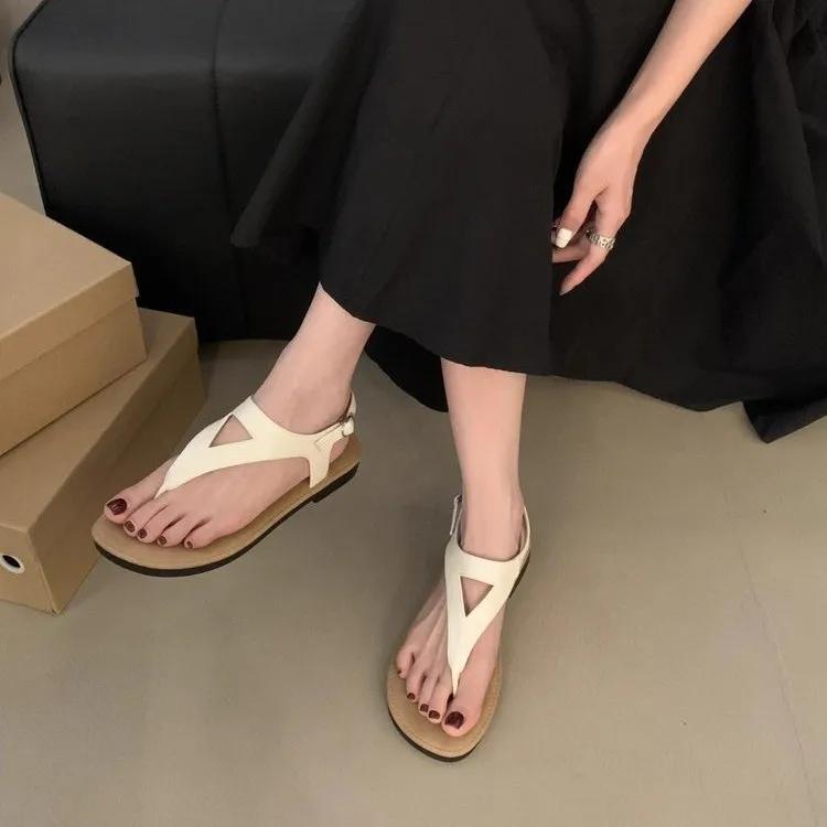 Fashion Women Minimalist Thong Sandals PU Leather Open Toe Ladies Beach Shoes Lightweight Soft for Women Sexy Slippers Sandals Buckle