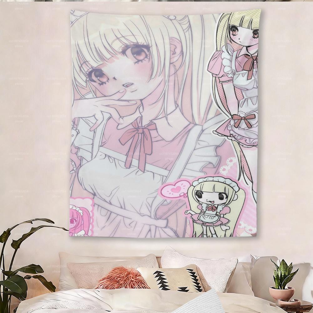 Y2K Kawaii Maid Anime Tapestry Cute Pink Aesthetic Wall Hanging for Harajuku Room Decor