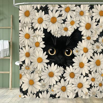 Cartoon-Katze Duschvorhang, Badezimmer Dekorative Blumen Duschvorhänge, Zuhause Bedruckter Polyesterstoff Vorhang mit Haken