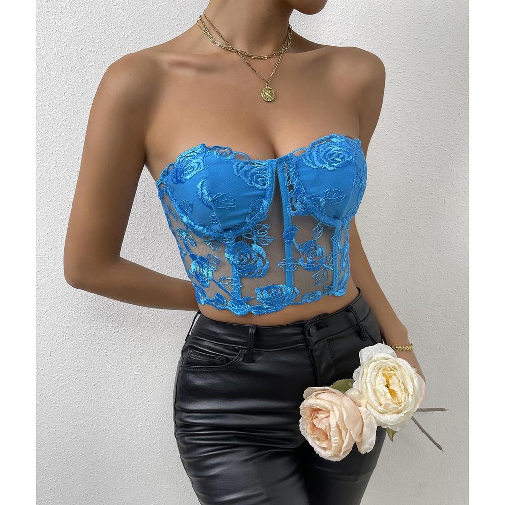 2023 European & American INS Style Lace Mesh Rose Tube Top Vest