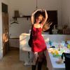 Red Seaside Vacation Wind Floral Suspender Dress Female Summer Spice Girl Waist Thin Straps Short Skirt Tide