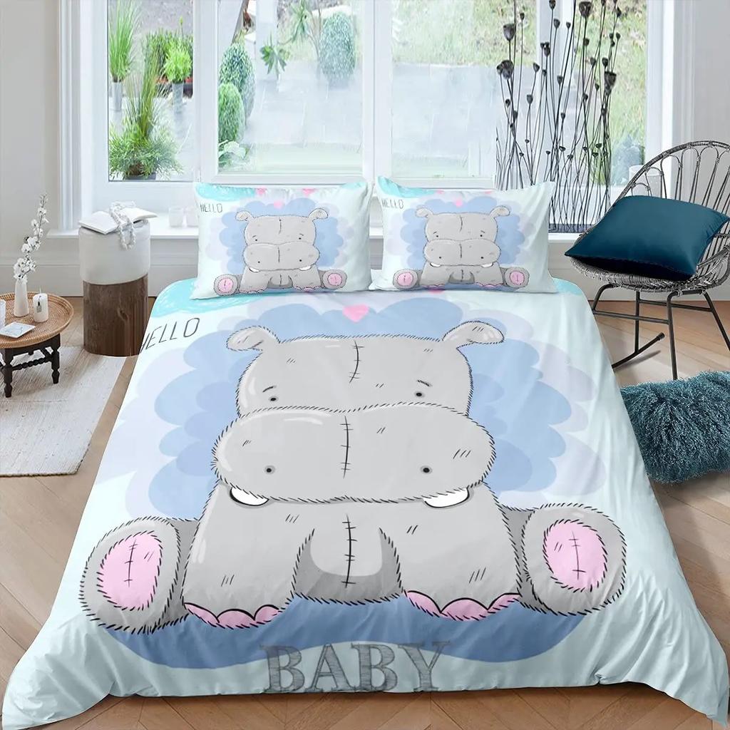 Set Copripiumino Ippopotamo Misura King Ippopotamo Cartone Animato che Tiene un Fiore Rosa Set Copripiumino per Bambini Animale Selvatico Copripiumino in Poliestere