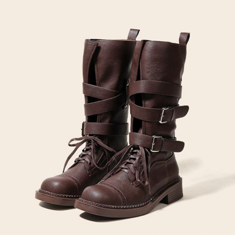 

Модные ботинки до середины икры в панк-стиле, женские крутые мотоботы с пряжками на массивной платформе, кожаные ботильоны для женщин, ботинки женские 43 коричневый