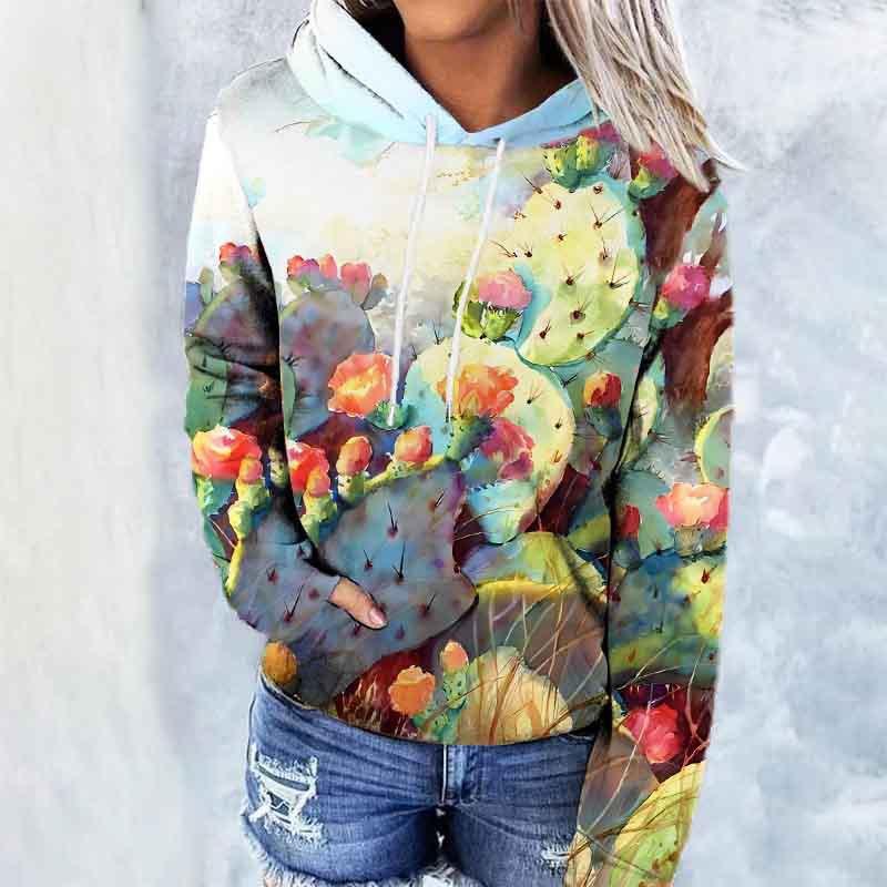 Vintage Printed Hooded Sweatshirt Sportwear Coat for Women 3D Pocket Hoodies Autumn Women's Pullovers