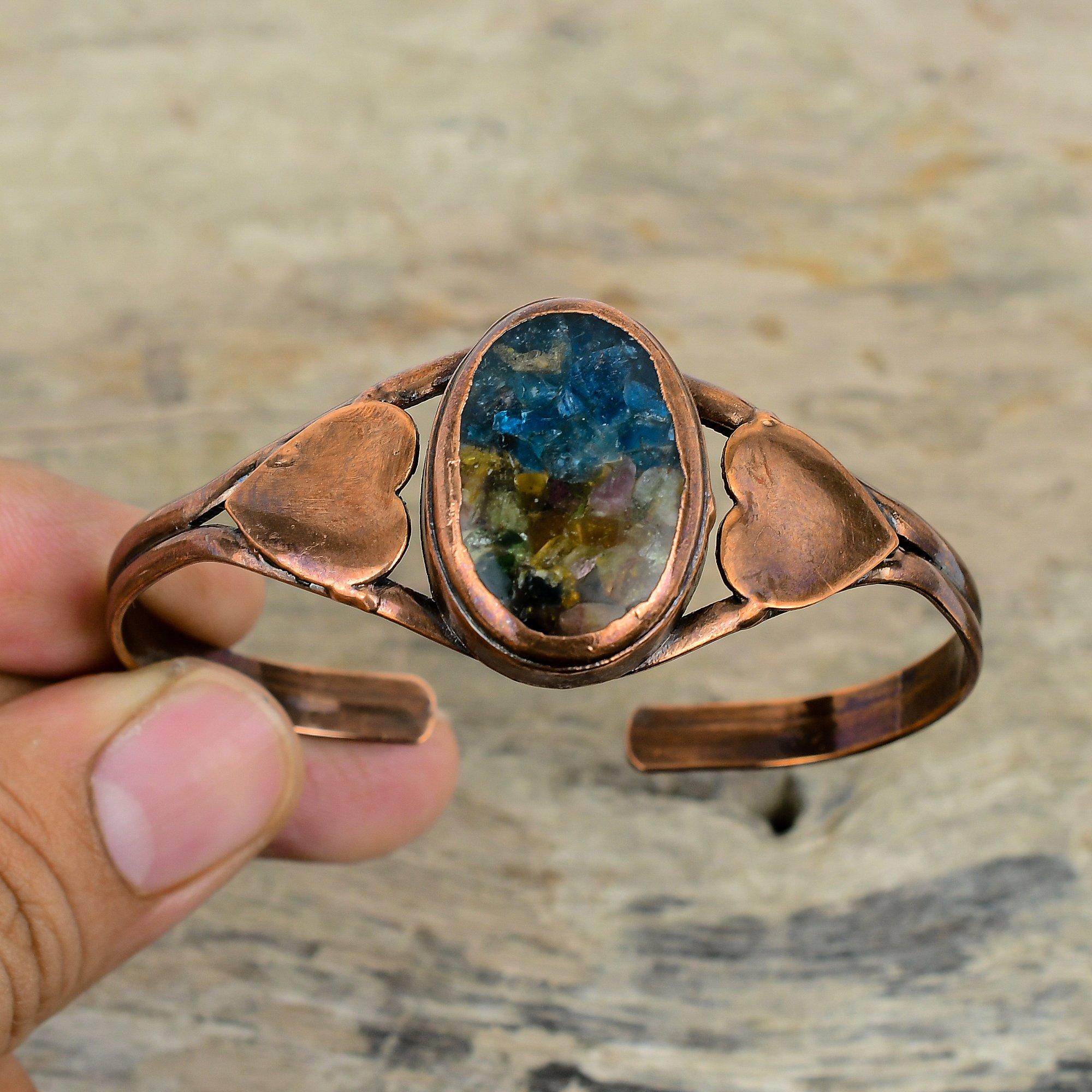 

Браслет-манжета из арбузного турмалина, браслет-бенгл из электроформованной меди, регулируемый браслет, медные украшения ручной работы, подарки для мамы, браслет с драгоценным камнем Adjustable