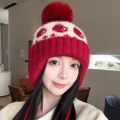 Herbst und Winter Neu Fair Isle Stil Mütze für Damen Wollbommel Ohrenschutz Wollmütze Kleines Gesicht Warme Strickmütze Trendig