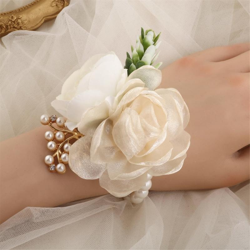 Elegante Corsage da Matrimonio Fiore da Polso Perle Per Sposa Damigella d'Onore Sposo Evento Formale Fiorato in Seta Bottoniera Accesso