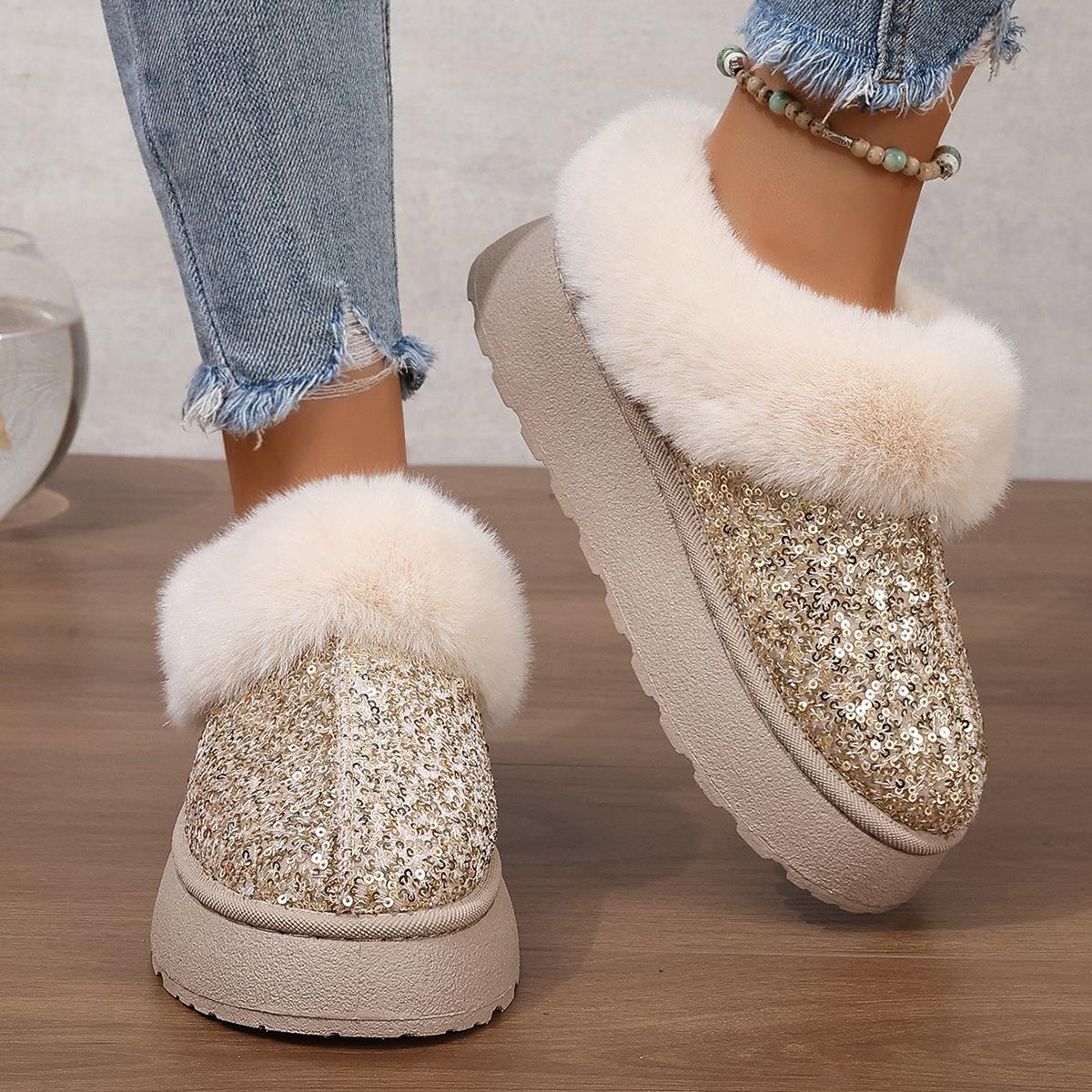 

Fleece thickened warm snow boots 2024 winter sequined short tube one pedal fluffy cotton shoes women 44 золотий