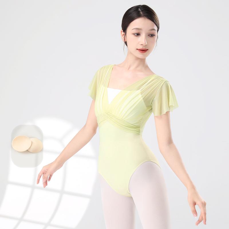 

Women Ballet Leotards Dance Leotard Spliced Short Sleeve Pleats Ballet Bodysuit Adult Fake Two Piece Gymnastics Leotards XXL