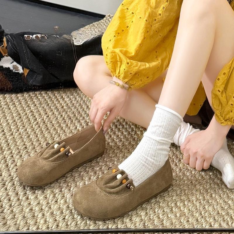 Fashion Slip-on Suede Single Shoes Autumn New Round Toe Shallow Mouth Pleated Non-slip Wear-resistant Flat Shoes