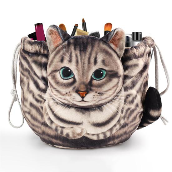 Cat Travel Makeup Bag Drawstring Cosmetic Organizer Cat Design Lay Flat Large Capacity Cosmetic Pouch Gift for Cat Lovers