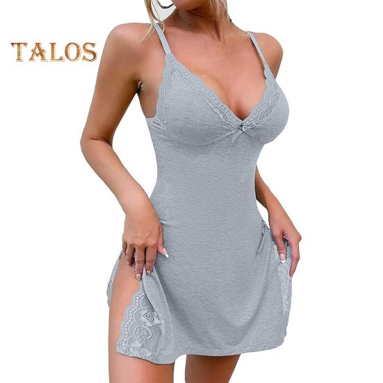 Women Summer Nightdress Spaghetti Strap Backless Deep V Neck Sleeveless Sleepwear Lace Trim Split Hem Nightie Bedroom Honeymoon Wedding Night Slip
