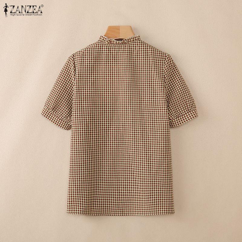 ZANZEA Women Casual Round Neck Grid Print Summer Short Sleeve Blouse