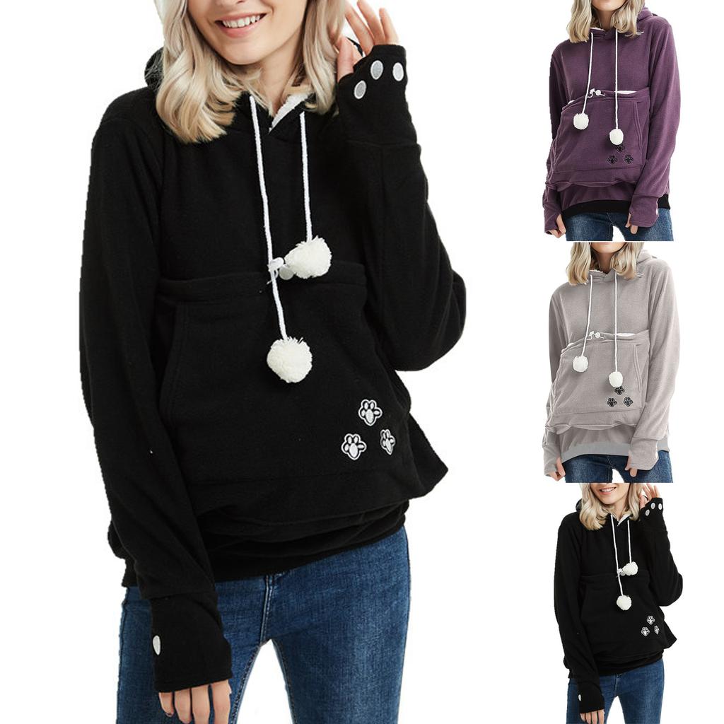 Women's Fashion Casual Top Solid Color Long Sleeve Pet Pocket Hoodie Sweatshirt