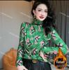 European Style Green Grey Long Sleeve T-Shirt - Women's Trendy Autumn/Winter 2024 with Painted Print